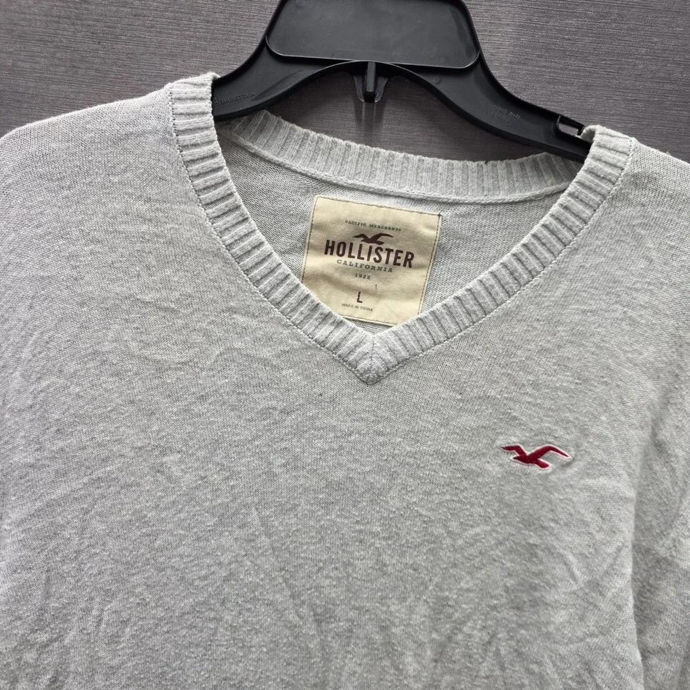 Vintage Y2K Hollister Mens V-Neck Sweater Gray Long Sleeve Seagull Logo Size L